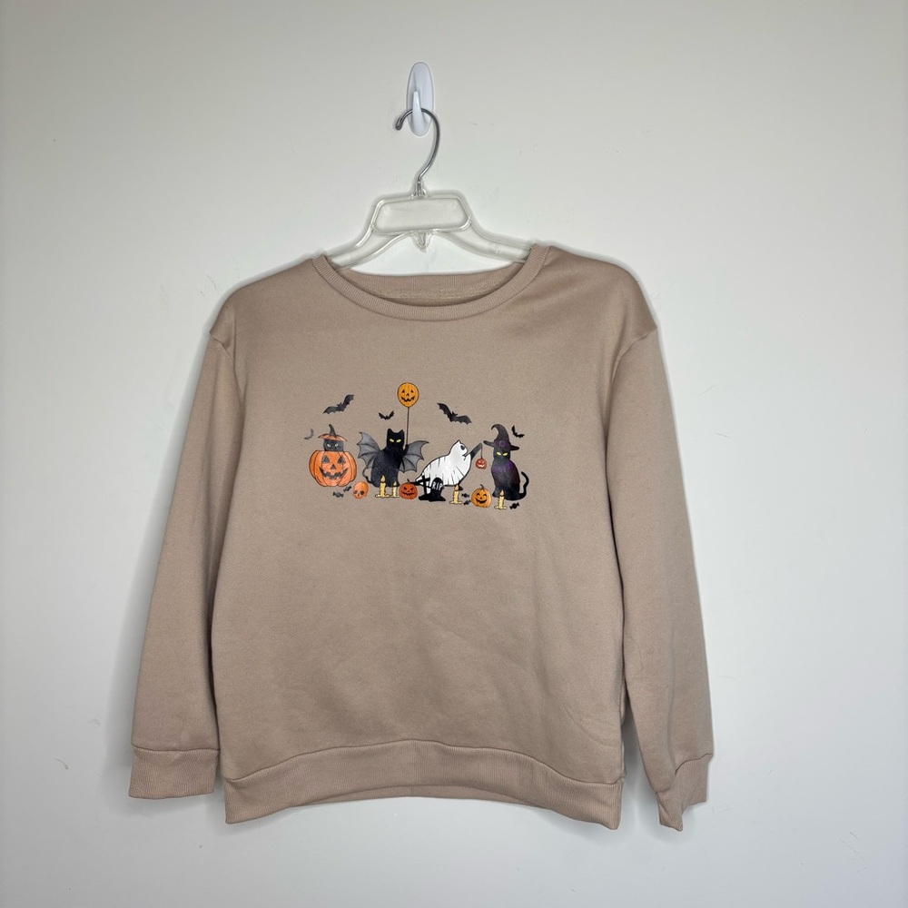 BN7 Shein Halloween Themed Tan Sweatshirt Women Medium Fleece Sweater Crewneck